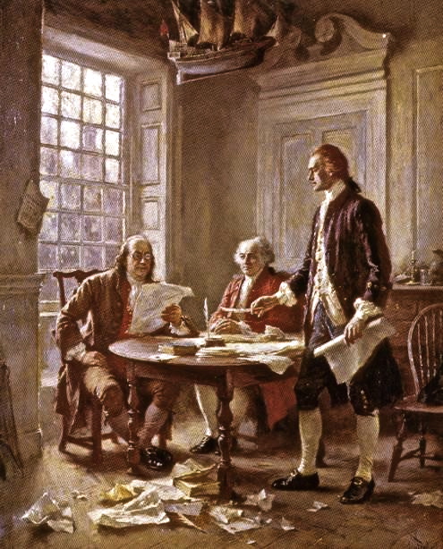 Benjamin Franklin, John Adams, and Thomas Jefferson drafting The Declaration of Independence